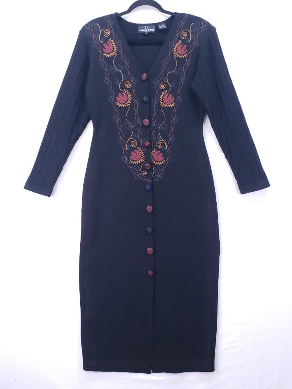 Vintage CAROLE LITTLE Midi Dress Size M Black Boho Embroidery Modest Knit